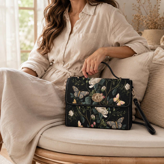 Butterfly Floral Handbag, Dark Cottagecore Purse, Botanical Top Handle Satchel