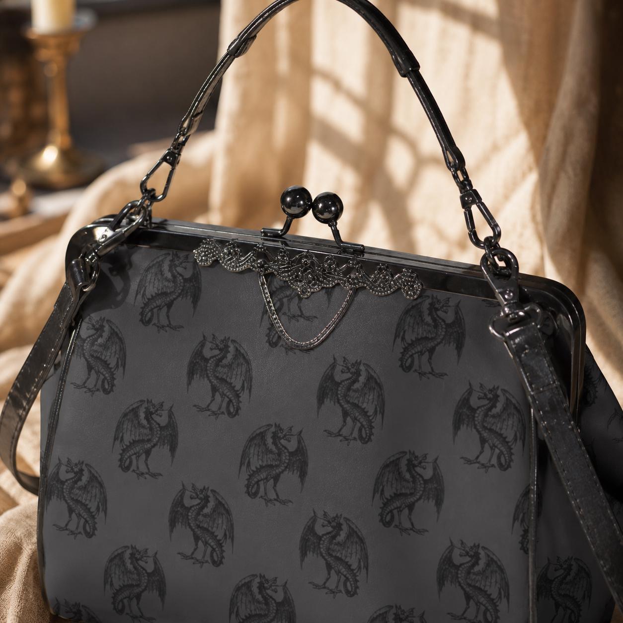 Dragon Kiss Lock Purse, Fantasy Gothic Handbag, Gray Mythical Creature Bag