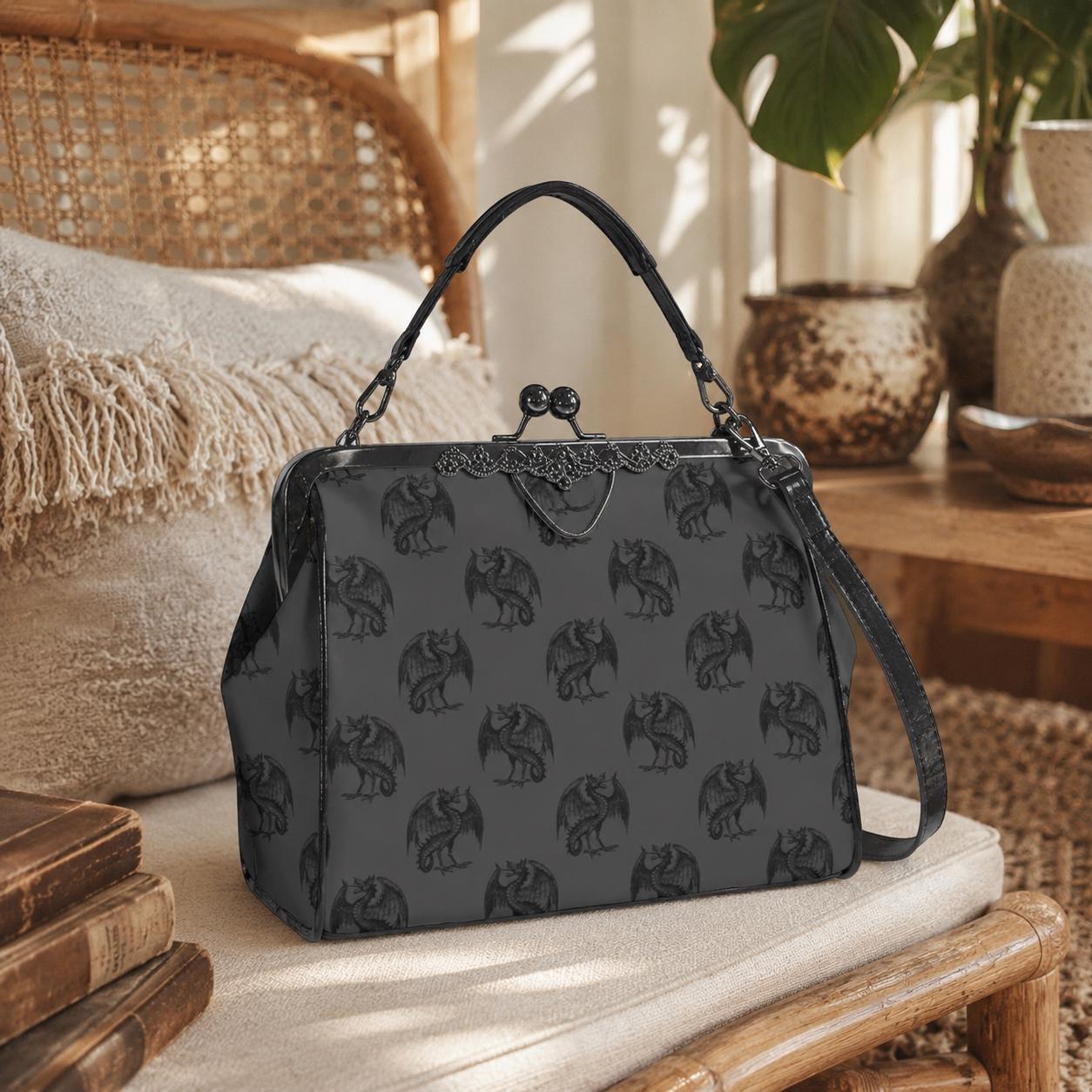 Dragon Kiss Lock Purse, Fantasy Gothic Handbag, Gray Mythical Creature Bag