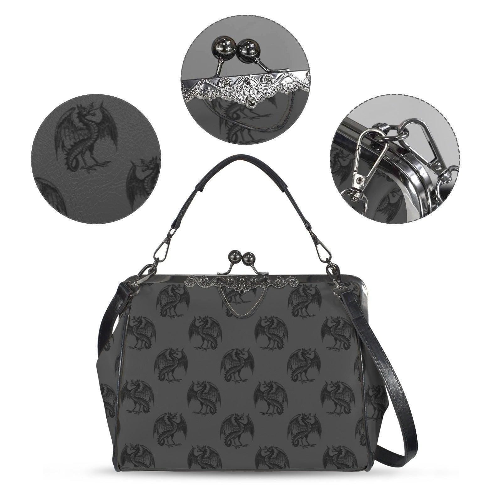 Dragon Kiss Lock Purse, Fantasy Gothic Handbag, Gray Mythical Creature Bag
