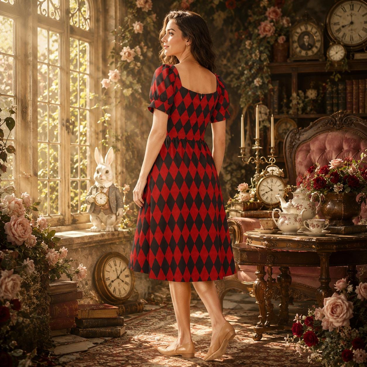 Red harlequin puff sleeve dress, Alice in Wonderland costume, gothic carnival party dress, sweetheart mini fantasy outfit, fairytale style