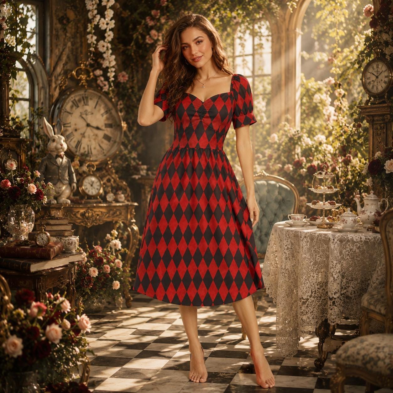 Red harlequin puff sleeve dress, Alice in Wonderland costume, gothic carnival party dress, sweetheart mini fantasy outfit, fairytale style