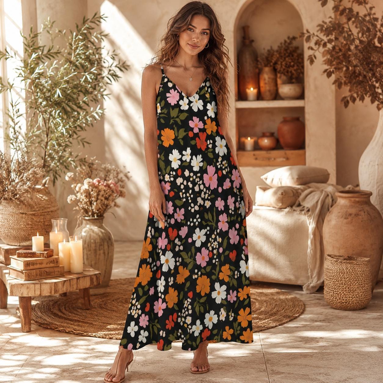 Black Floral Maxi Dress, Boho Sundress for Women, Cottagecore Summer Vacation Outfit