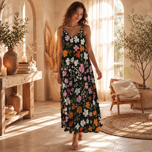 Black Floral Maxi Dress, Boho Sundress for Women, Cottagecore Summer Vacation Outfit