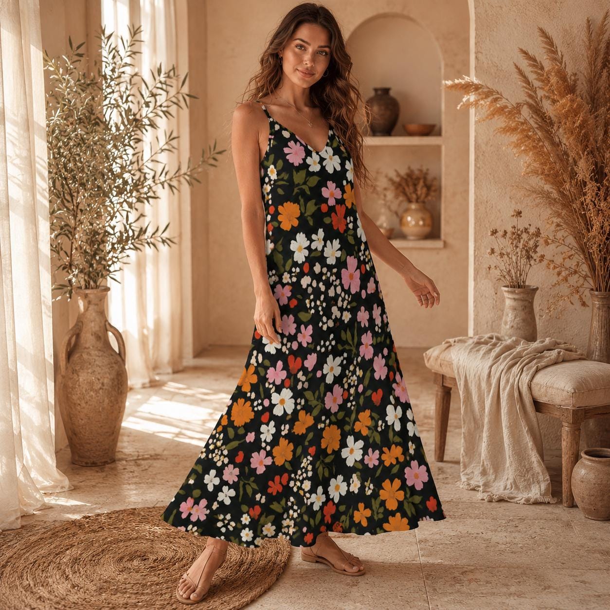 Black Floral Maxi Dress, Boho Sundress for Women, Cottagecore Summer Vacation Outfit