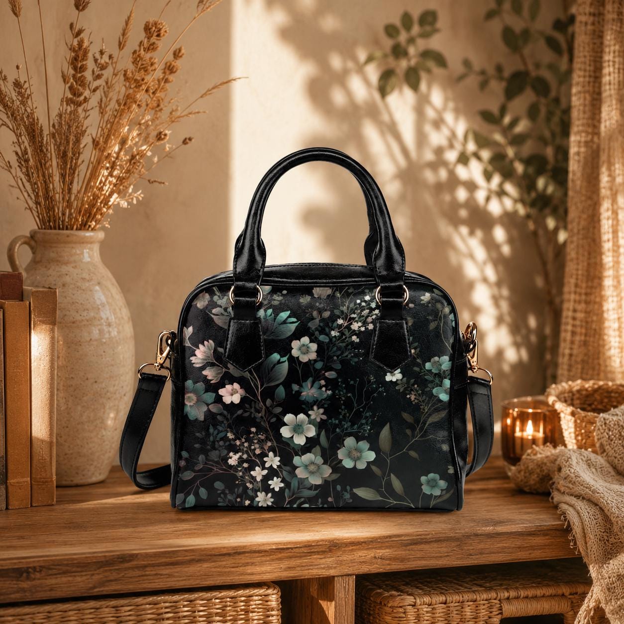 Botanical floral satchel, witchy crossbody bag, celestial garden tote