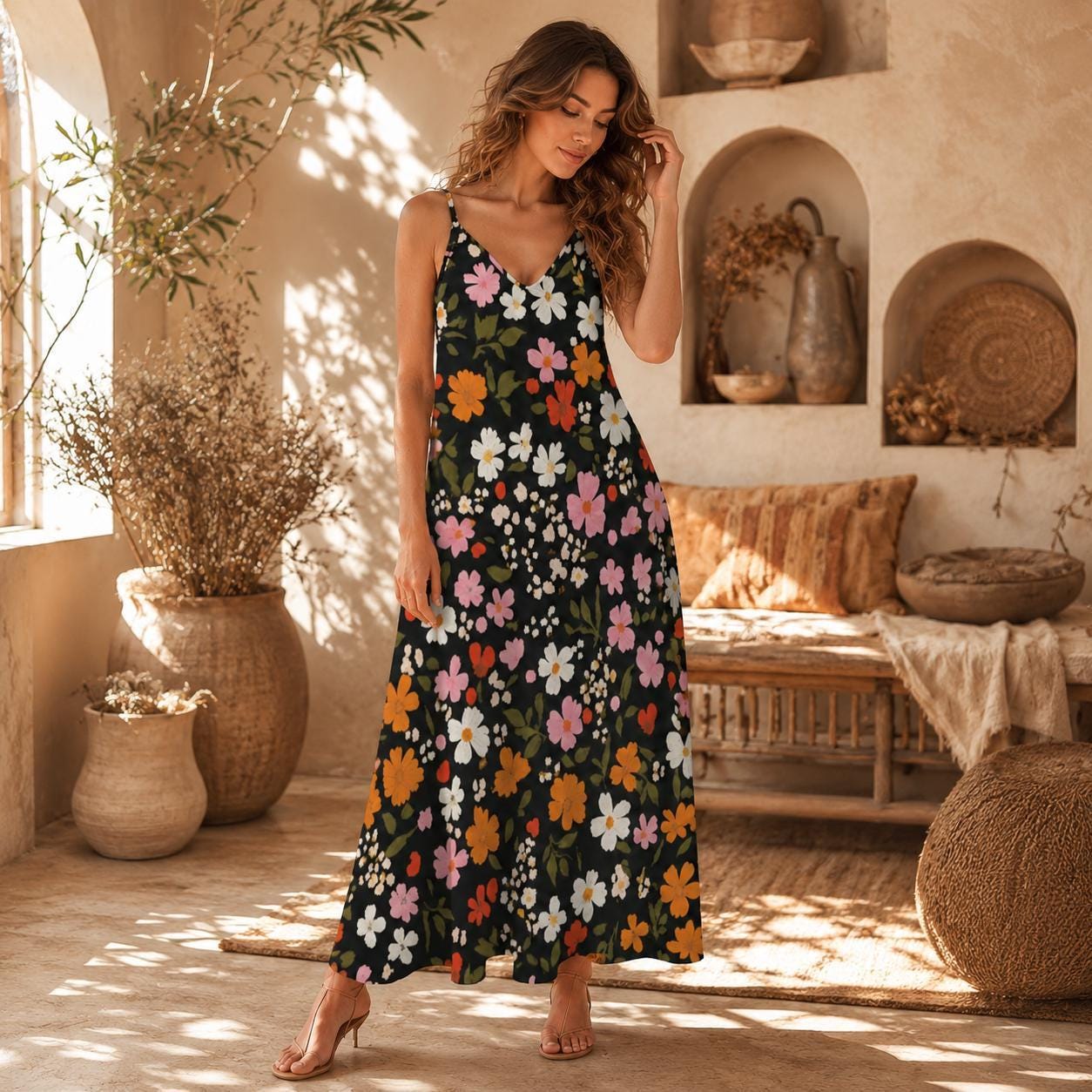 Black Floral Maxi Dress, Boho Sundress for Women, Cottagecore Summer Vacation Outfit