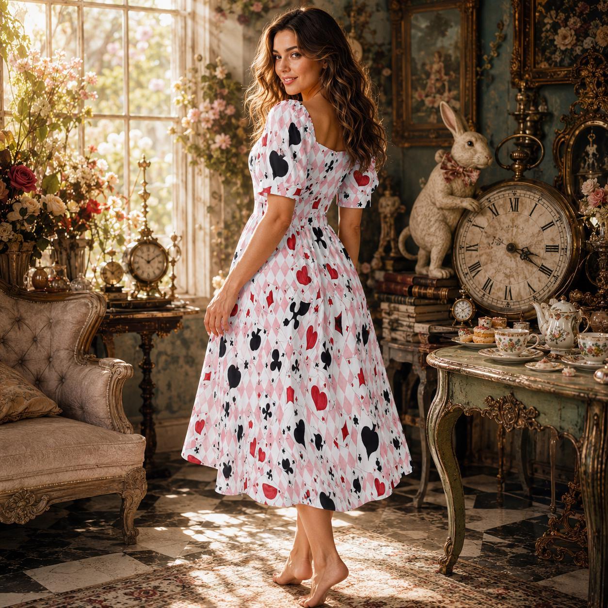 Pink Wonderland Midi Dress, Card Suit Sweetheart Dress, Queen Hearts Tea Party Dress
