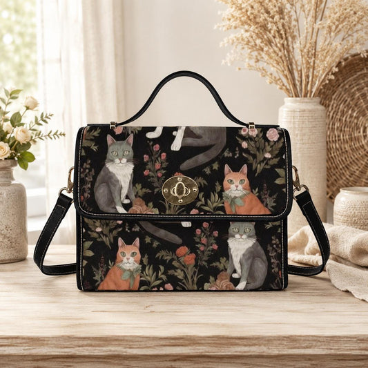 Vintage Cat Clutch Purse, Dark Floral Top Handle Bag, Whimsical Pet Lover Handbag, Storybook Statement Purse