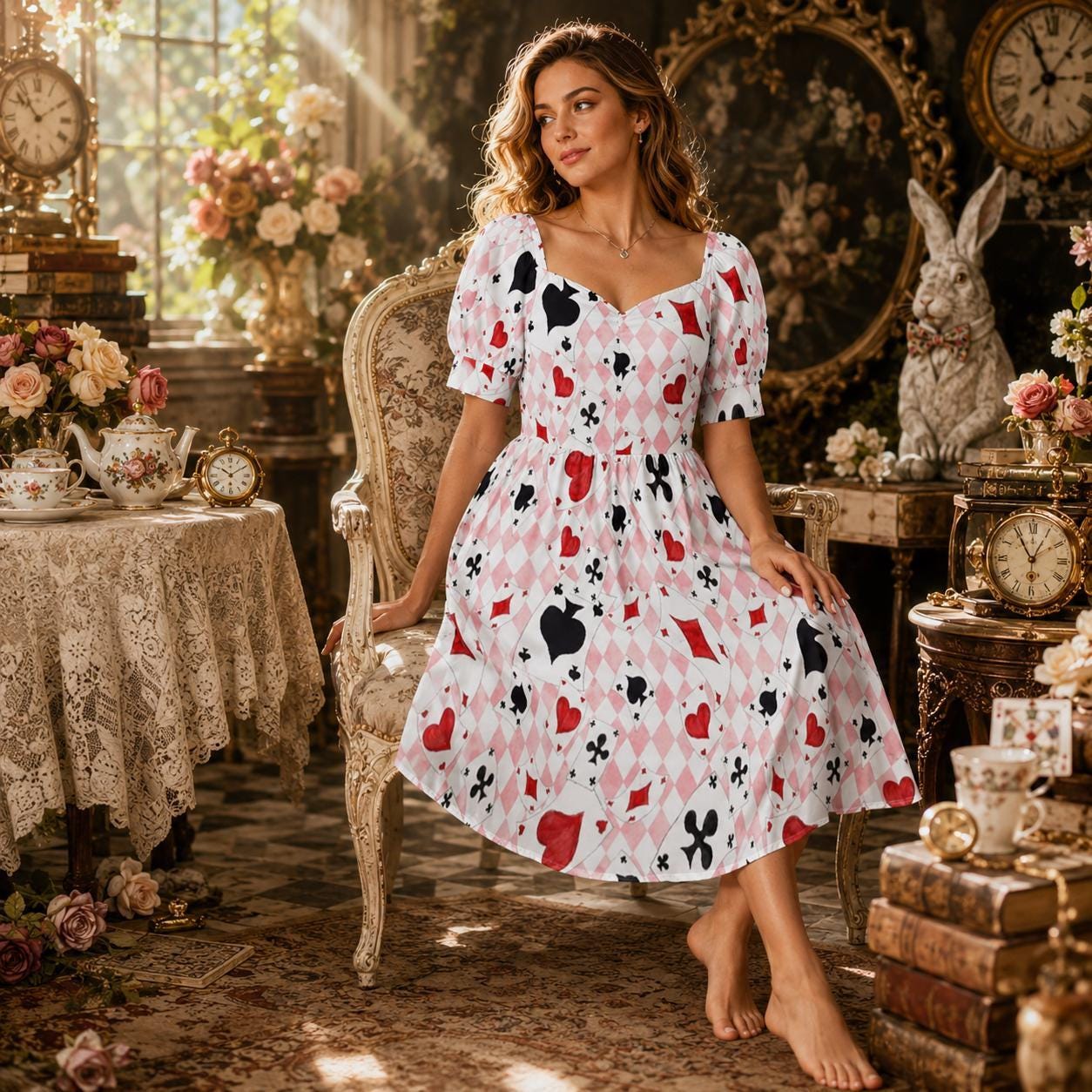 Pink Wonderland Midi Dress, Card Suit Sweetheart Dress, Queen Hearts Tea Party Dress