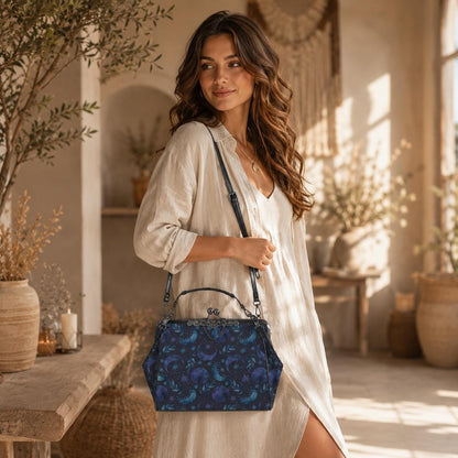 Moon Phase Kiss Lock Purse, Celestial Handbag, Starry Night Crossbody Bag