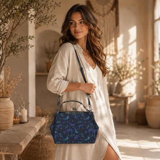 Moon Phase Kiss Lock Purse, Celestial Handbag, Starry Night Crossbody Bag