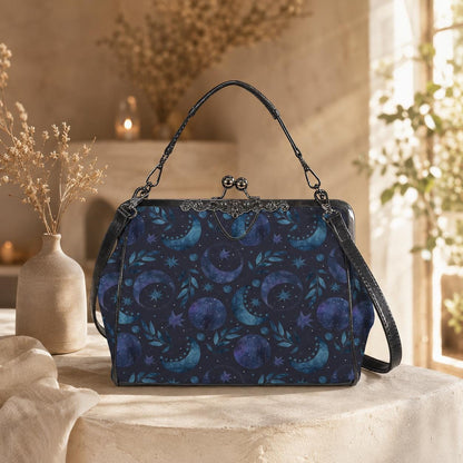 Moon Phase Kiss Lock Purse, Celestial Handbag, Starry Night Crossbody Bag