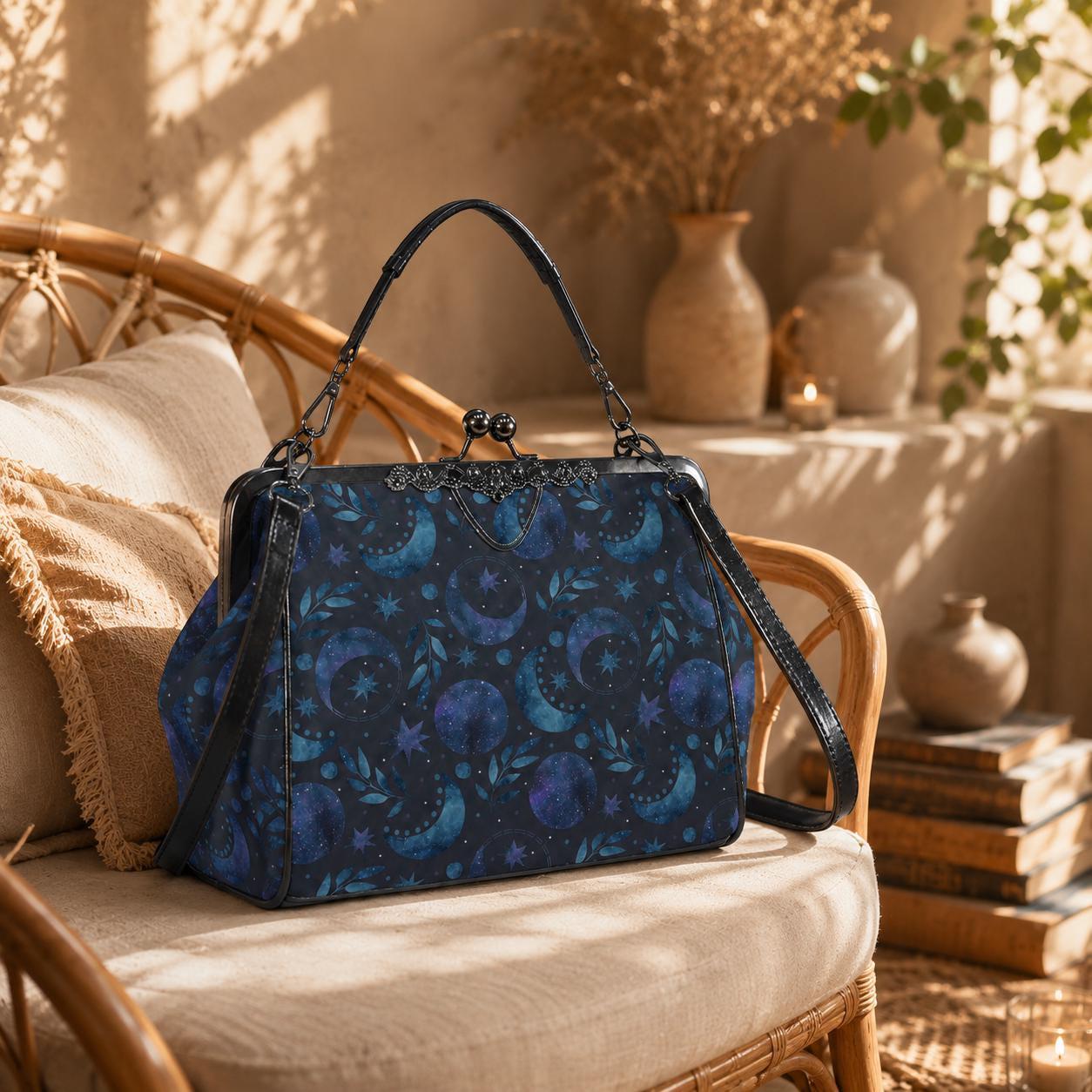 Moon Phase Kiss Lock Purse, Celestial Handbag, Starry Night Crossbody Bag