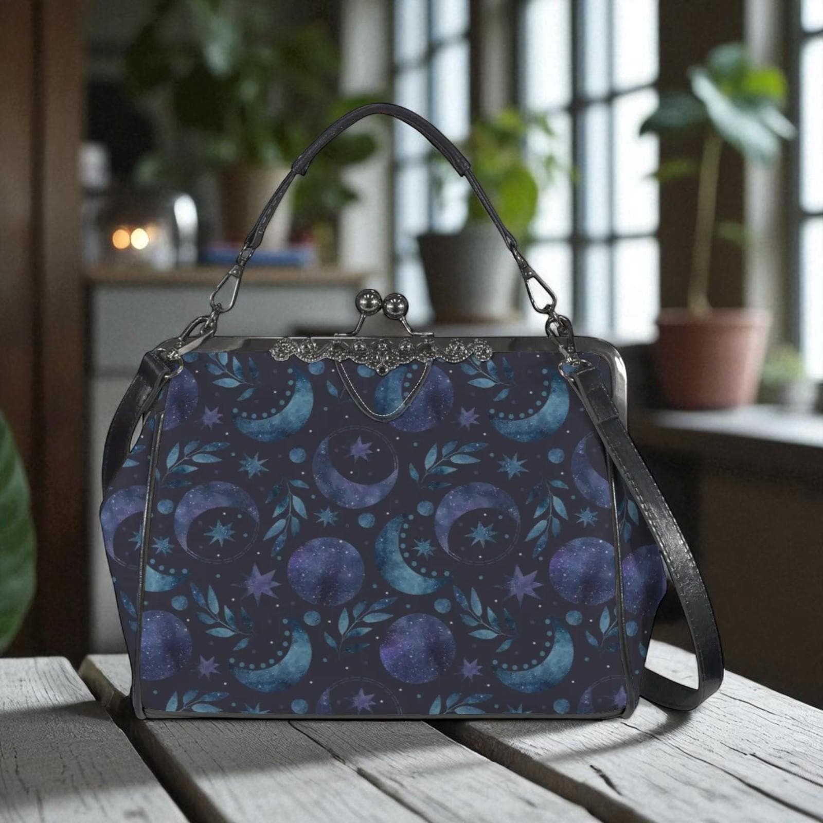 Moon Phase Kiss Lock Purse, Celestial Handbag, Starry Night Crossbody Bag