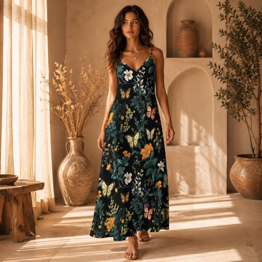 Butterfly Floral Maxi Dress, Cottagecore Garden Sundress, Boho Wildflower Slip Dress