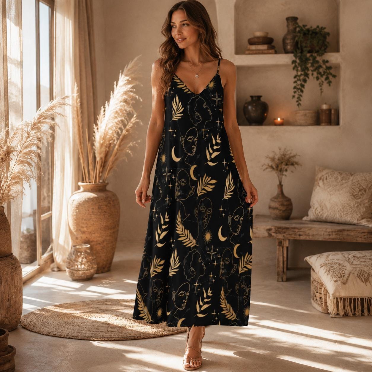 Celestial Tarot Maxi Dress Dark Cottagecore Witchy Print