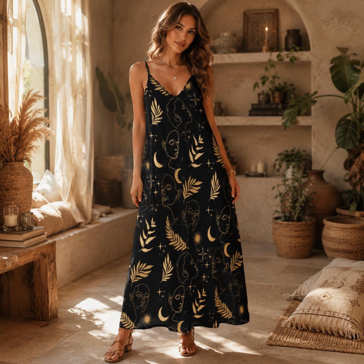 Celestial Tarot Maxi Dress Dark Cottagecore Witchy Print