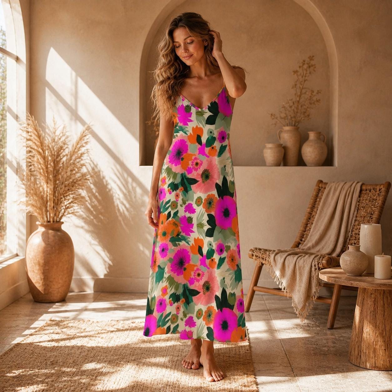 Colorful Floral Maxi Dress, Boho Summer Sundress, Pink Orange Vacation Outfit