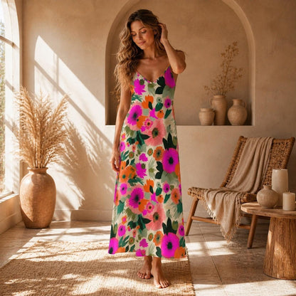 Colorful Floral Maxi Dress, Boho Summer Sundress, Pink Orange Vacation Outfit