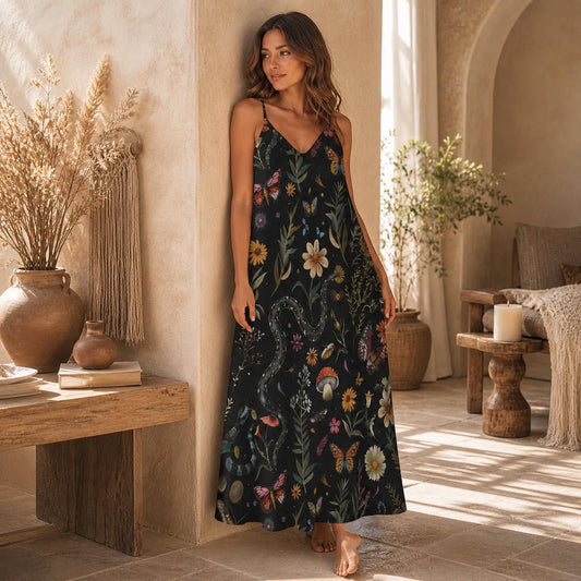 Mystical Snake Butterfly Floral Mushroom Maxi Dress, Fairycore Cottagecore Gown, Dark Nature Festival Wear