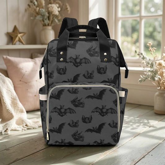 Bat Print Diaper Backpack, Gothic Mom Bag for Baby Travel and Nursery Essentials