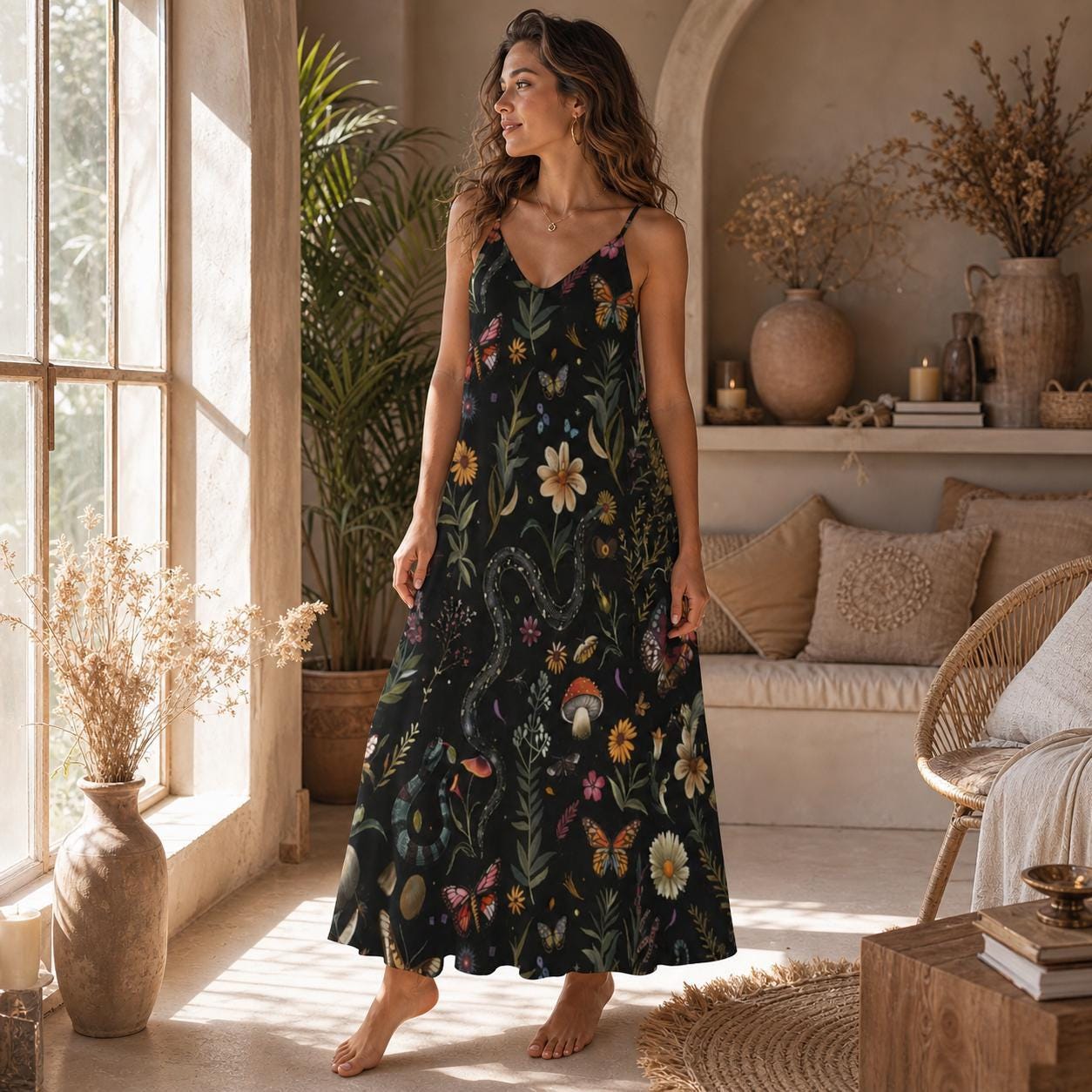 Mystical Snake Butterfly Floral Mushroom Maxi Dress, Fairycore Cottagecore Gown, Dark Nature Festival Wear