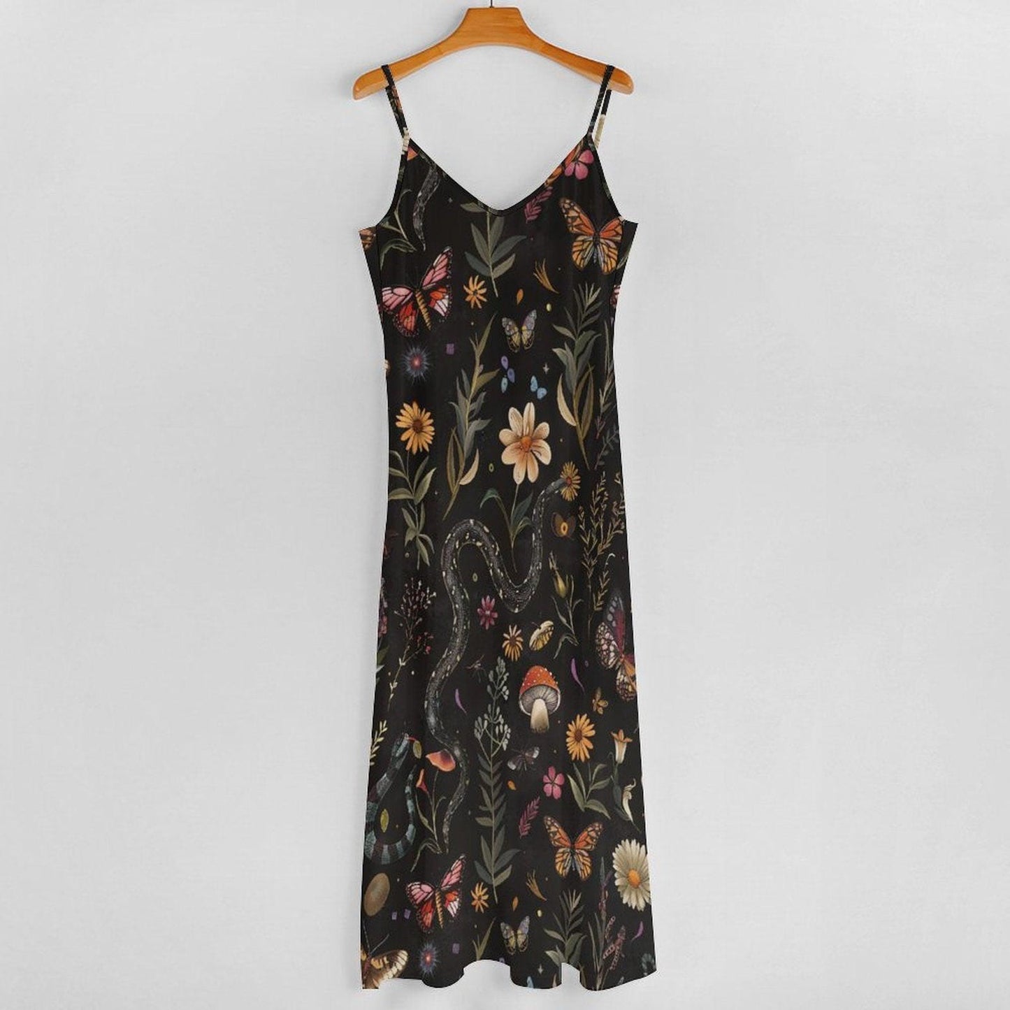 Mystical Snake Butterfly Floral Mushroom Maxi Dress, Fairycore Cottagecore Gown, Dark Nature Festival Wear