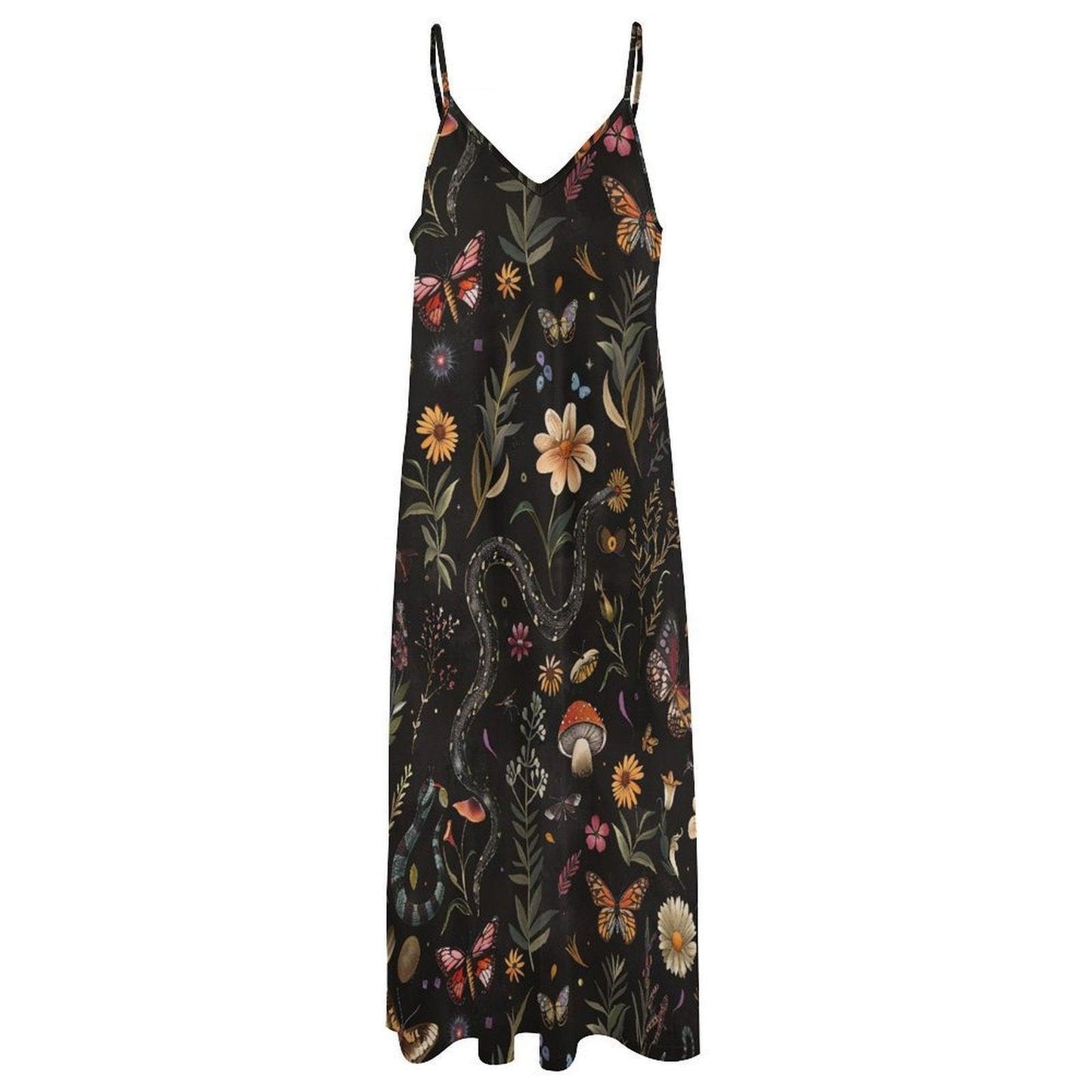 Mystical Snake Butterfly Floral Mushroom Maxi Dress, Fairycore Cottagecore Gown, Dark Nature Festival Wear