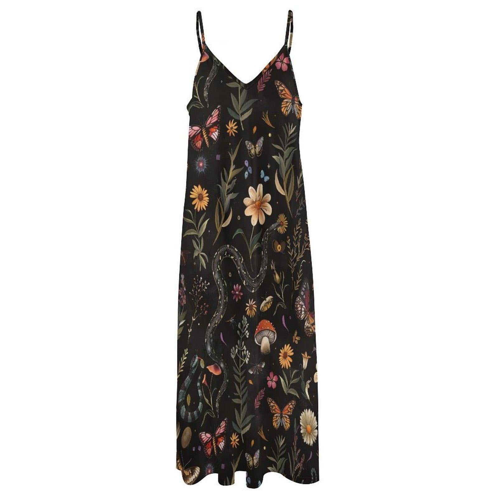 Mystical Snake Butterfly Floral Mushroom Maxi Dress, Fairycore Cottagecore Gown, Dark Nature Festival Wear