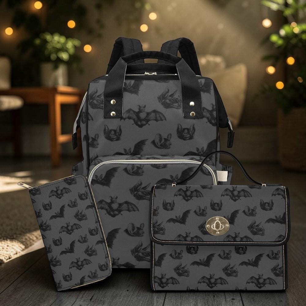 Bat Print Diaper Backpack, Gothic Mom Bag for Baby Travel and Nursery Essentials