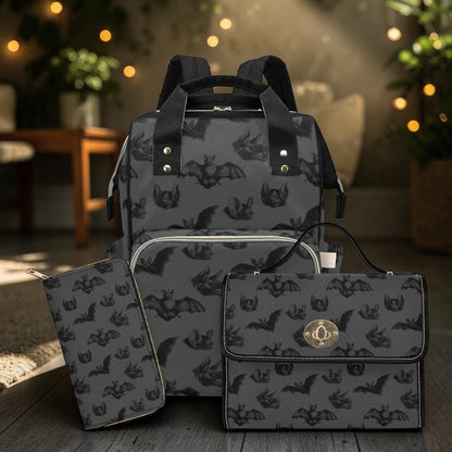 Bat Print Diaper Backpack, Gothic Mom Bag for Baby Travel and Nursery Essentials