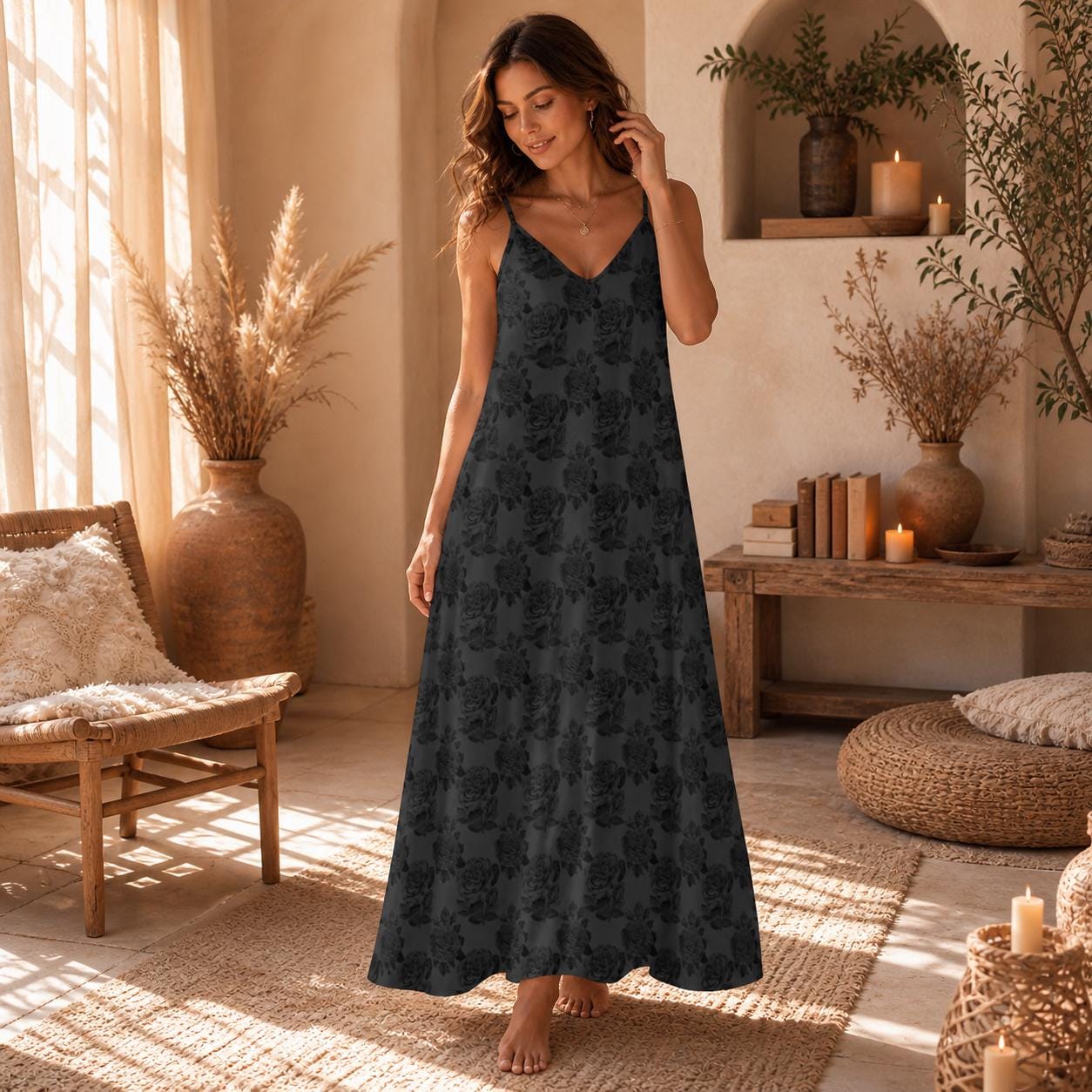 Black Rose Maxi Dress, Dark Floral Slip Sundress, Romantic Vacation Outfit