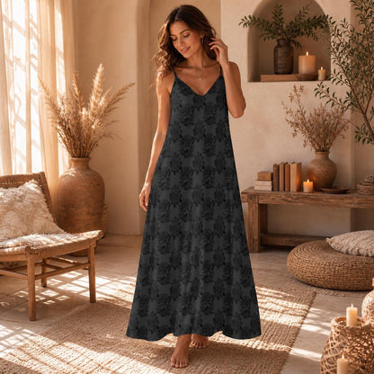 Black Rose Maxi Dress, Dark Floral Slip Sundress, Romantic Vacation Outfit