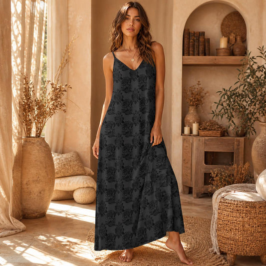 Black Rose Maxi Dress, Dark Floral Slip Sundress, Romantic Vacation Outfit