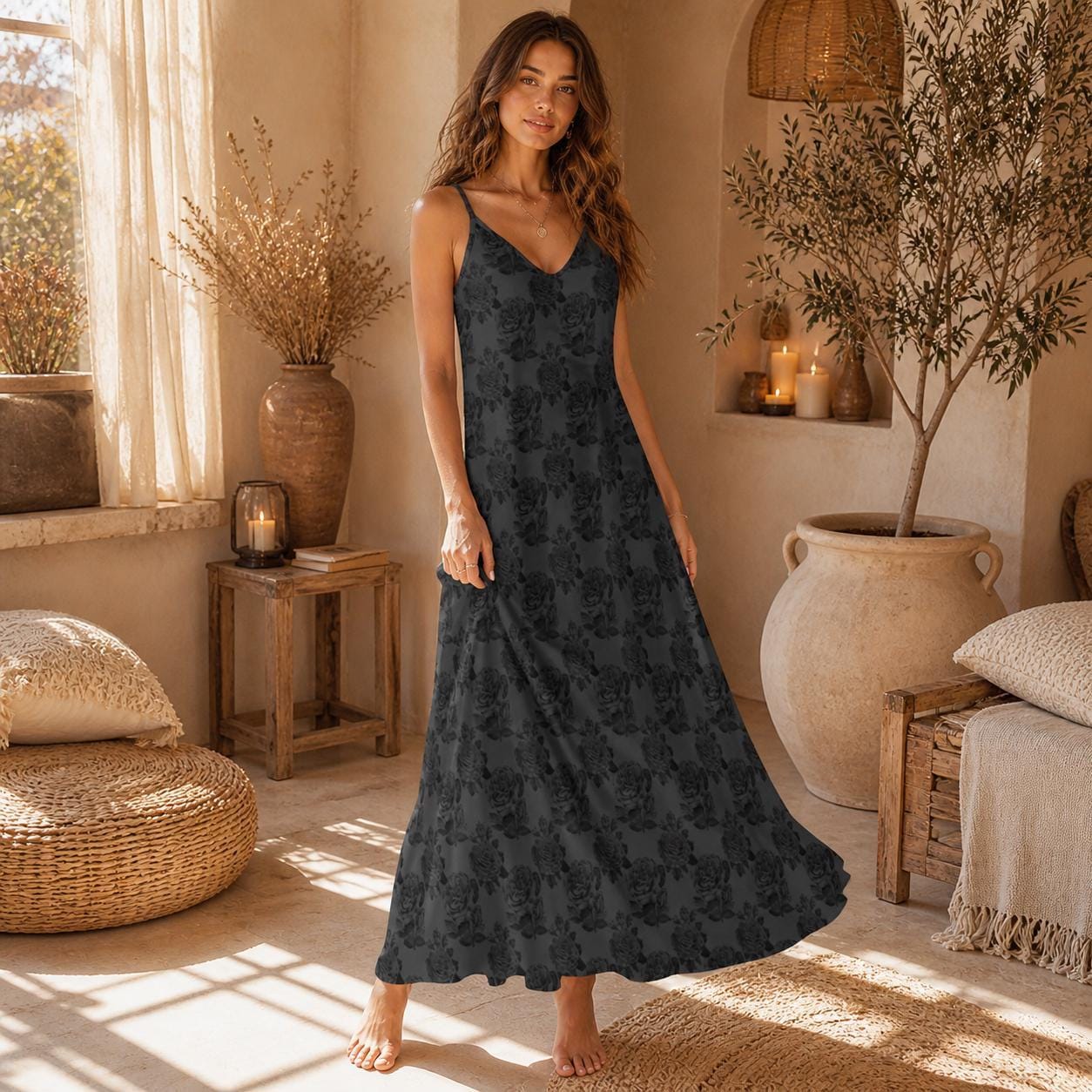 Black Rose Maxi Dress, Dark Floral Slip Sundress, Romantic Vacation Outfit