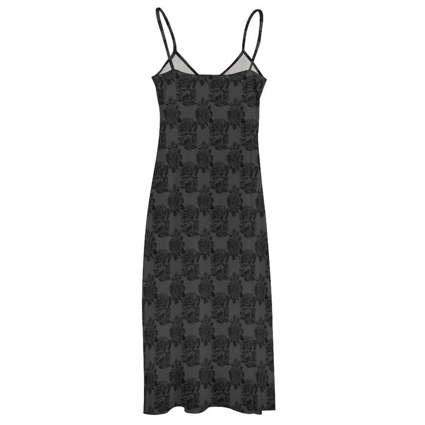 Black Rose Maxi Dress, Dark Floral Slip Sundress, Romantic Vacation Outfit
