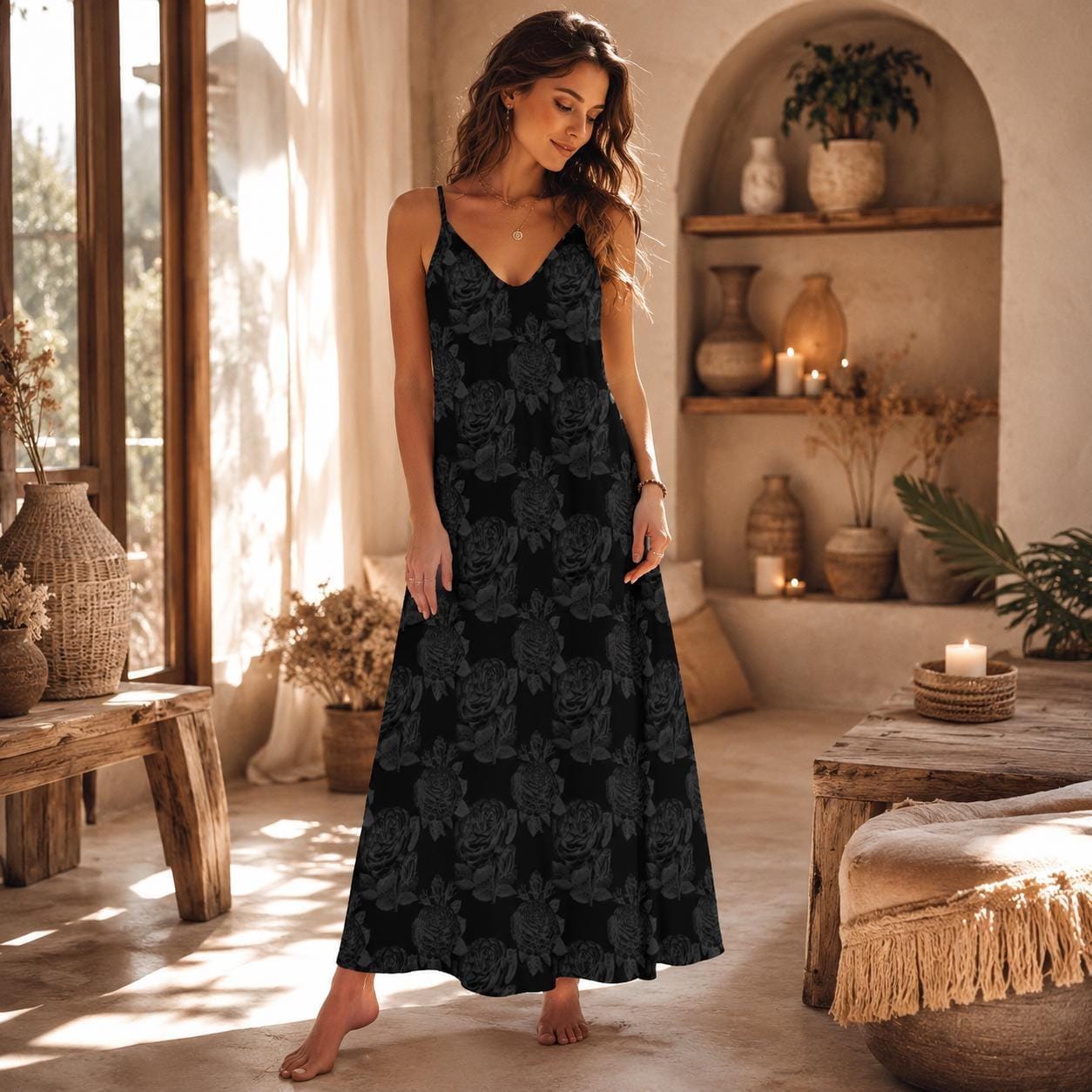 Black Floral Maxi Dress, Dark Cottagecore Sundress, Moody Sleeveless Boho Dress