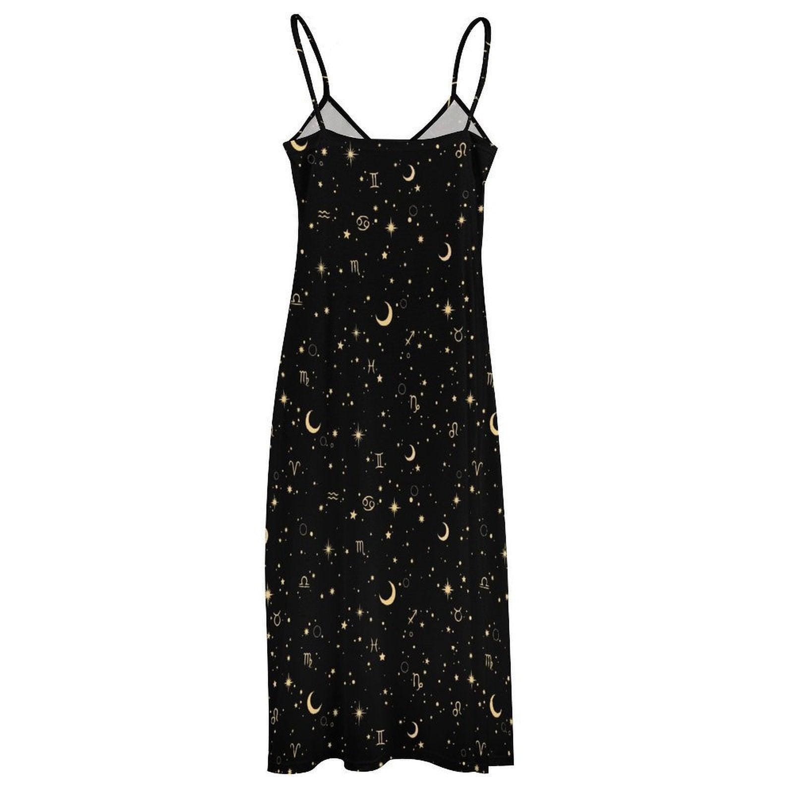 Astrology Maxi Dress, Zodiac Sign Slip Gown, Celestial Moon Star Boho Vacation Dress