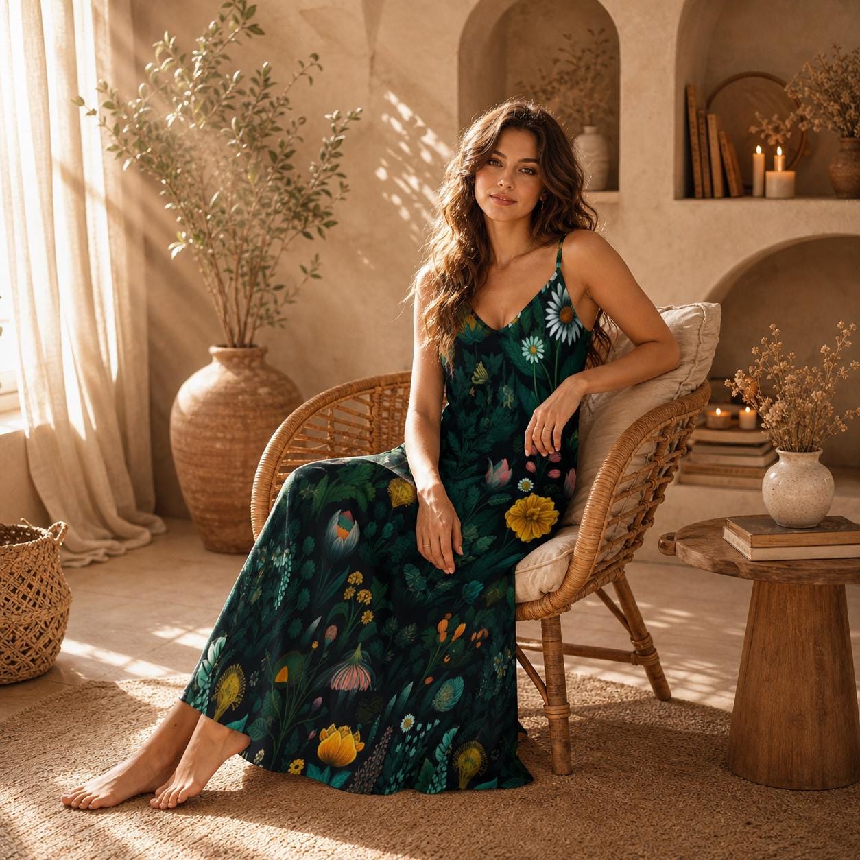 Wildflower Maxi Dress, Dark Botanical Slip Sundress, Forest Garden Vacation Outfit
