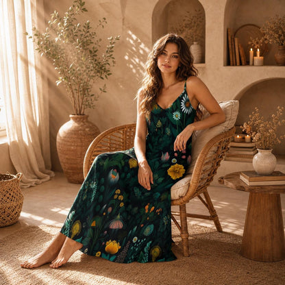 Wildflower Maxi Dress, Dark Botanical Slip Sundress, Forest Garden Vacation Outfit