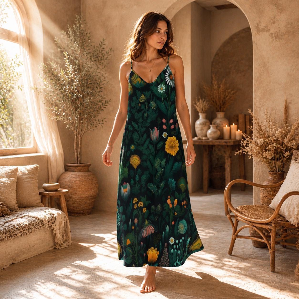 Wildflower Maxi Dress, Dark Botanical Slip Sundress, Forest Garden Vacation Outfit