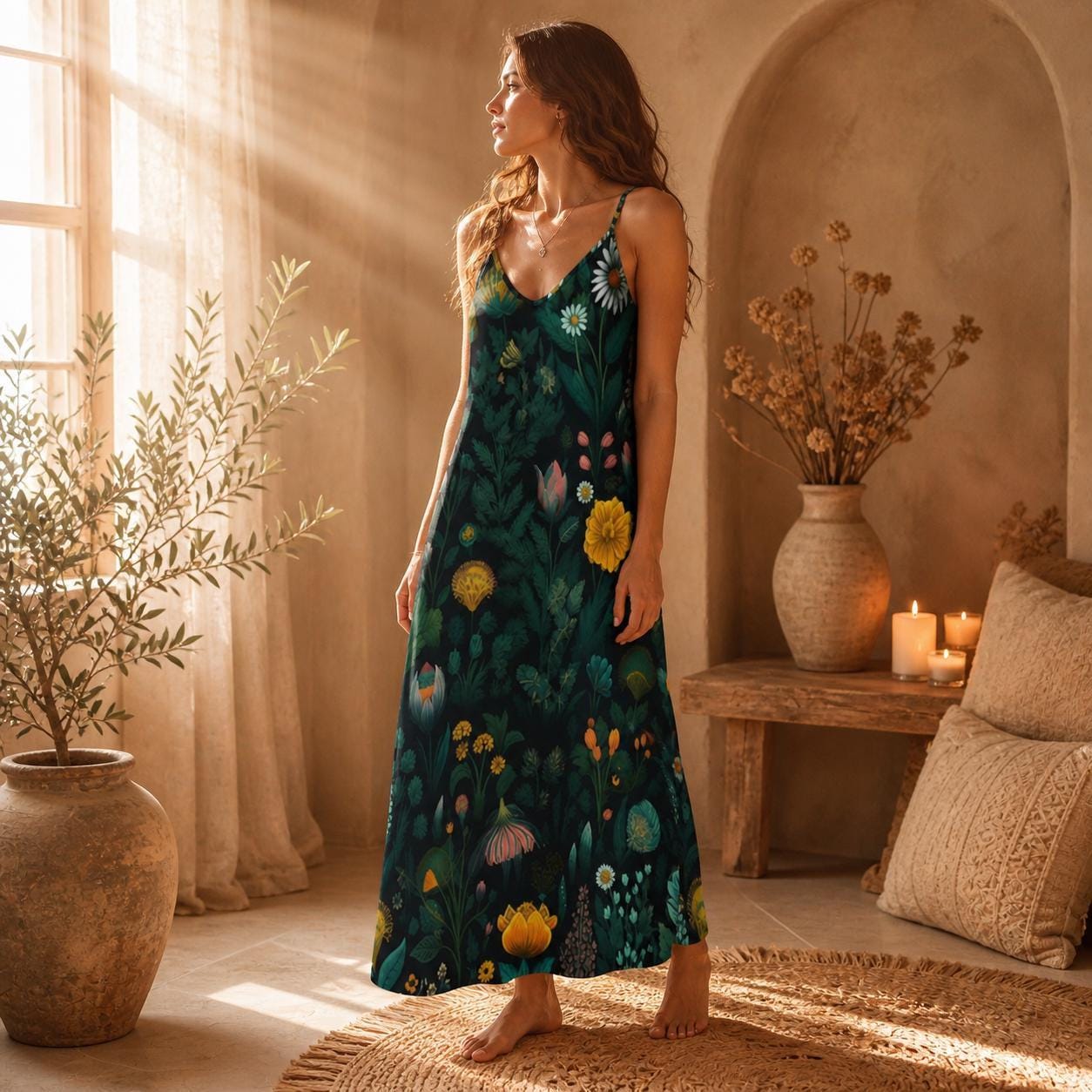 Wildflower Maxi Dress, Dark Botanical Slip Sundress, Forest Garden Vacation Outfit