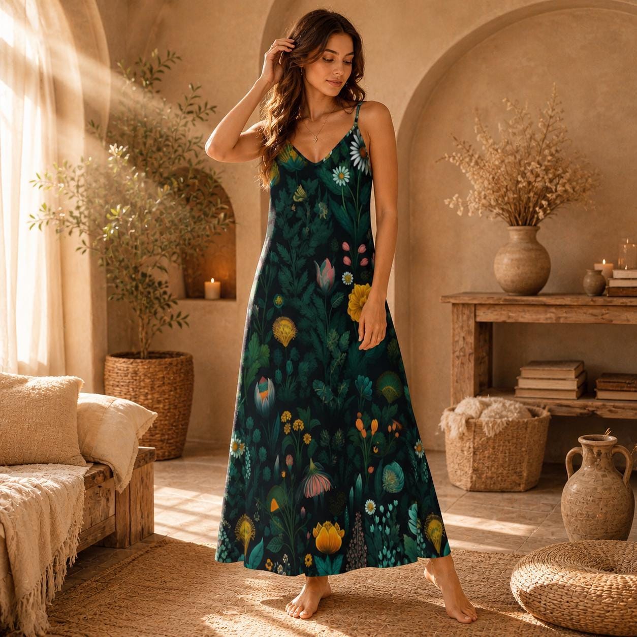 Wildflower Maxi Dress, Dark Botanical Slip Sundress, Forest Garden Vacation Outfit