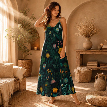Wildflower Maxi Dress, Dark Botanical Slip Sundress, Forest Garden Vacation Outfit