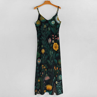 Wildflower Maxi Dress, Dark Botanical Slip Sundress, Forest Garden Vacation Outfit
