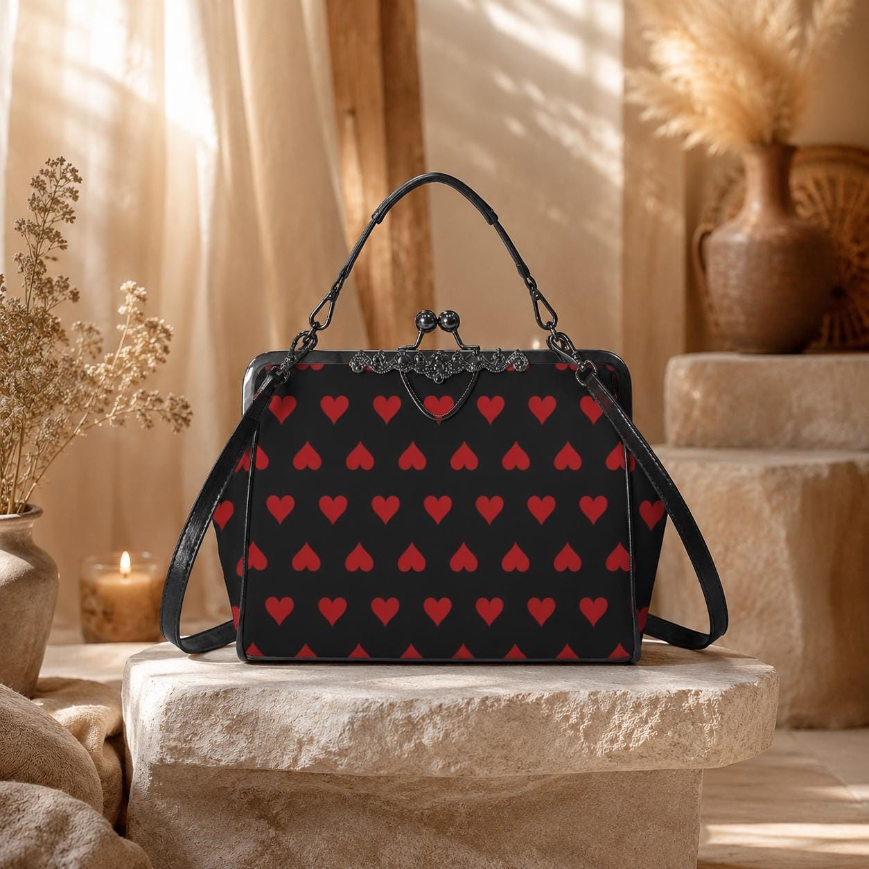 Red Heart Kisslock Handbag, Vintage Frame Shoulder Purse, Dark Romance Waxed PU Leather Bag