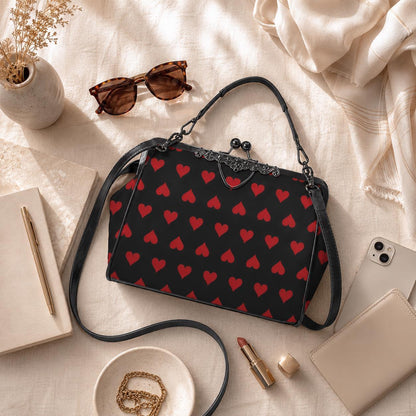 Red Heart Kisslock Handbag, Vintage Frame Shoulder Purse, Dark Romance Waxed PU Leather Bag