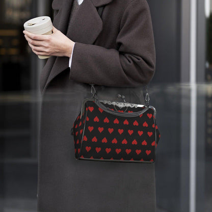 Red Heart Kisslock Handbag, Vintage Frame Shoulder Purse, Dark Romance Waxed PU Leather Bag