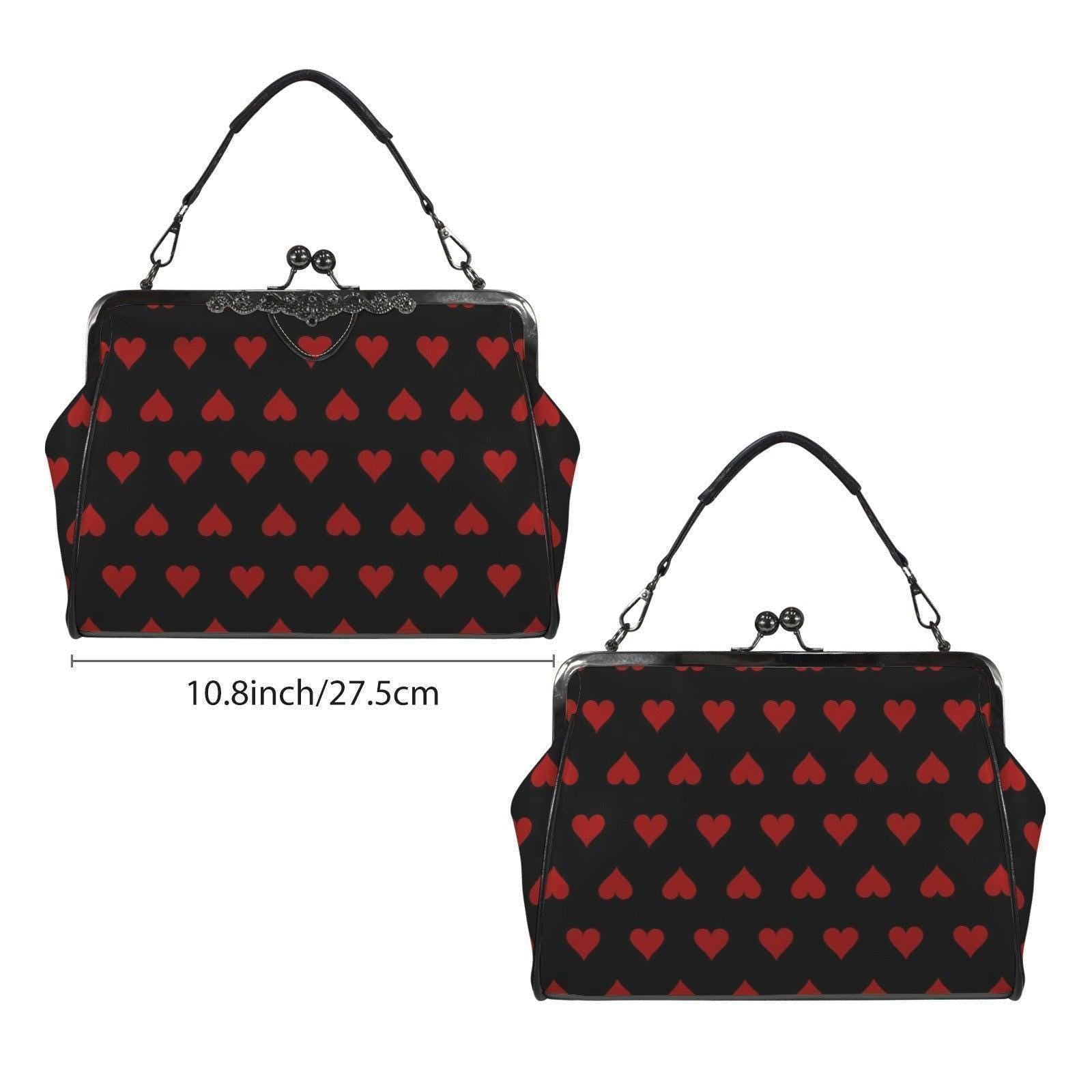 Red Heart Kisslock Handbag, Vintage Frame Shoulder Purse, Dark Romance Waxed PU Leather Bag